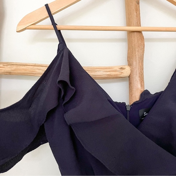 [bardot] ruffle flutter cold shoulder wrap waist tie midi dress navy blue XS - Picture 4 of 9